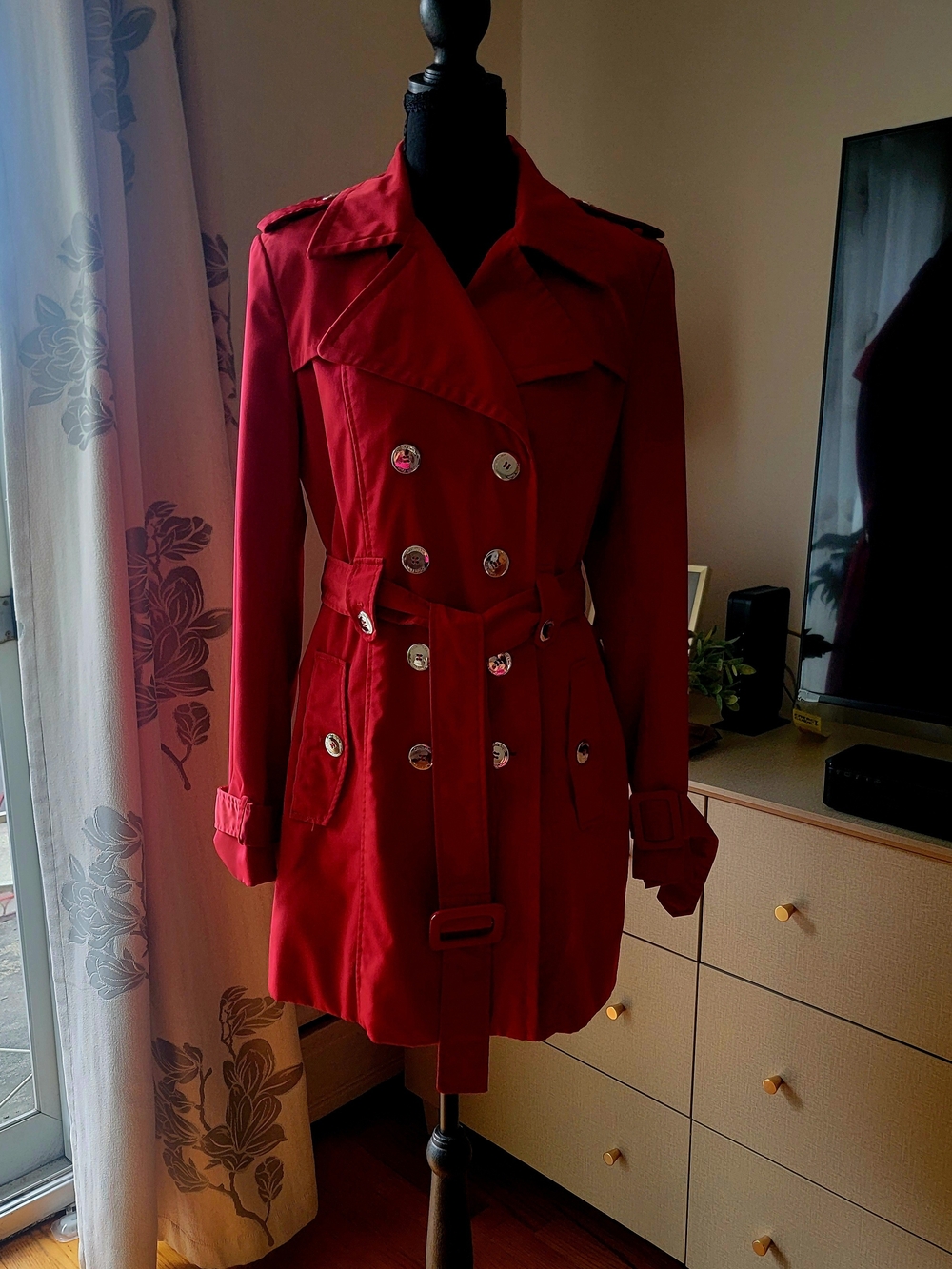 Calvin Klein Red Double Breasted Belted Trench Coat CWSNO3029 Medium